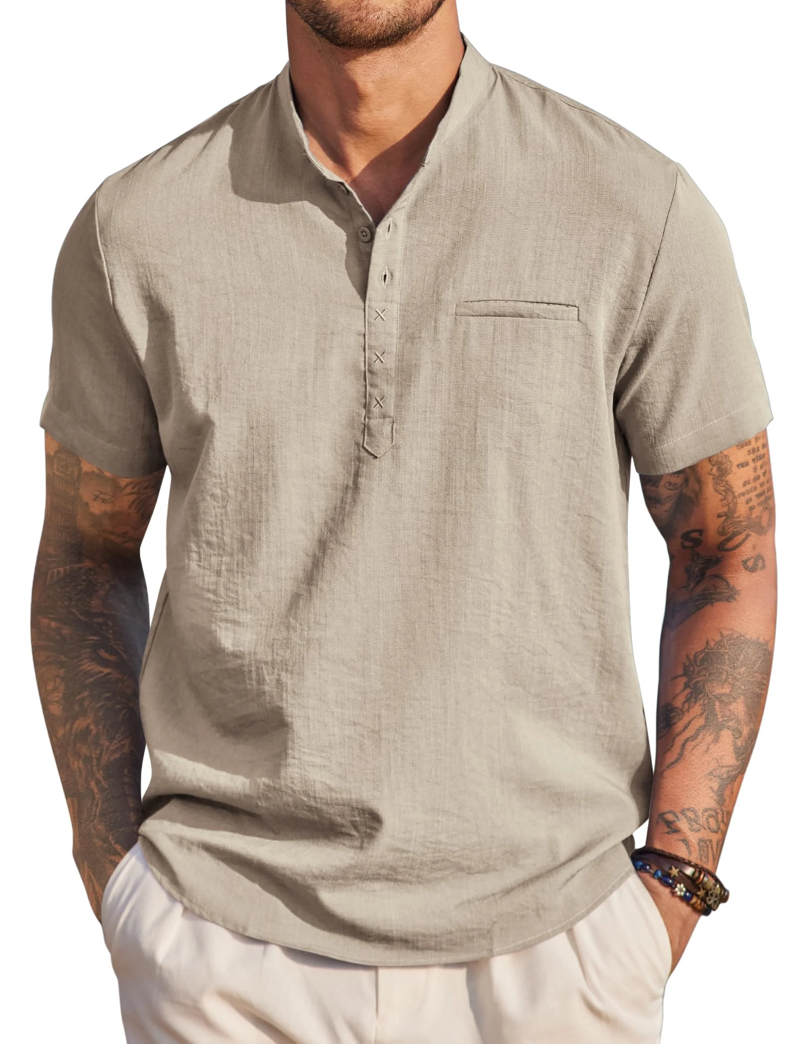 Men's Casual Short-Sleeve Henley with Stand Collar
