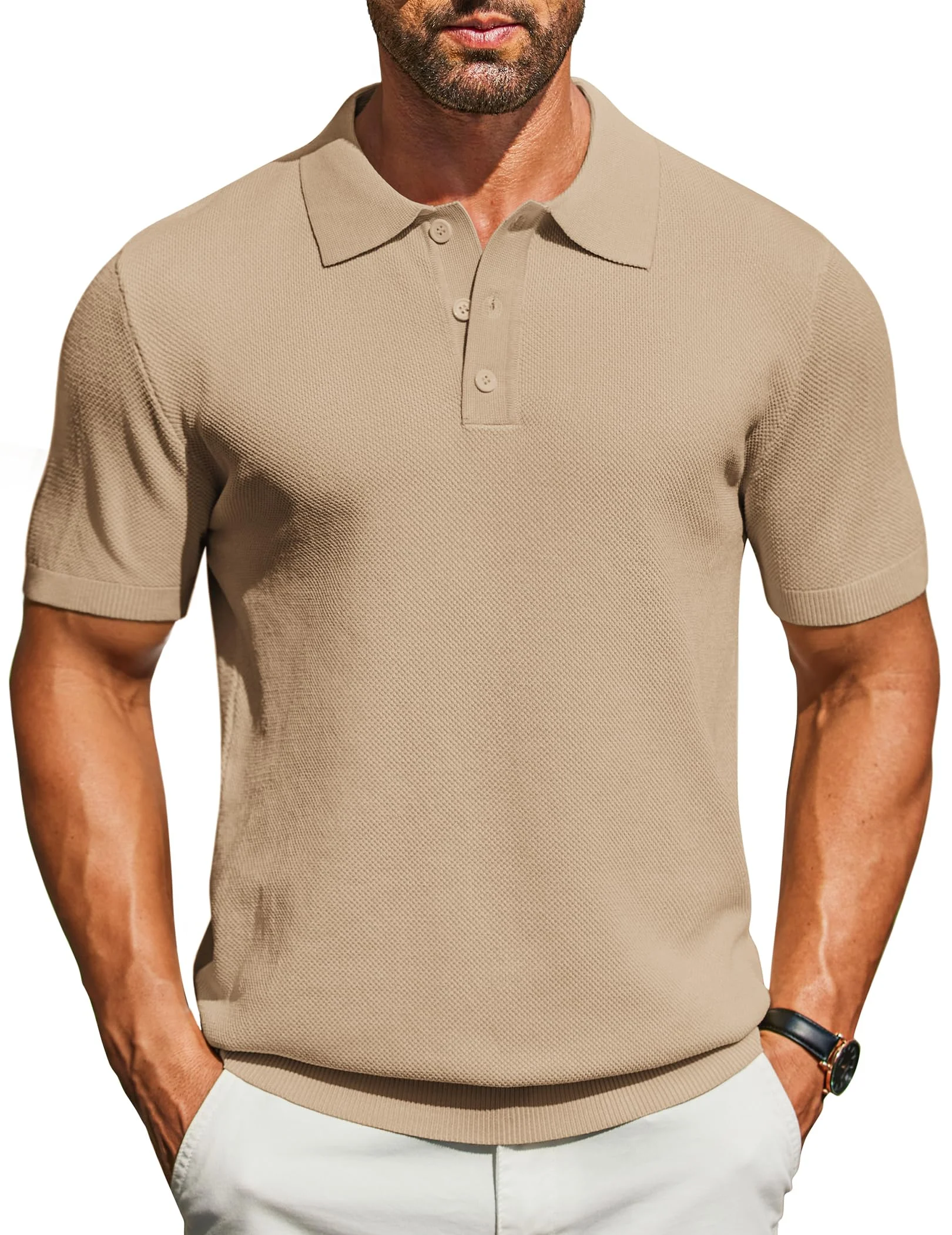 Men's Classic Fit Short Sleeve Knit Polo Shirt with Button Placket