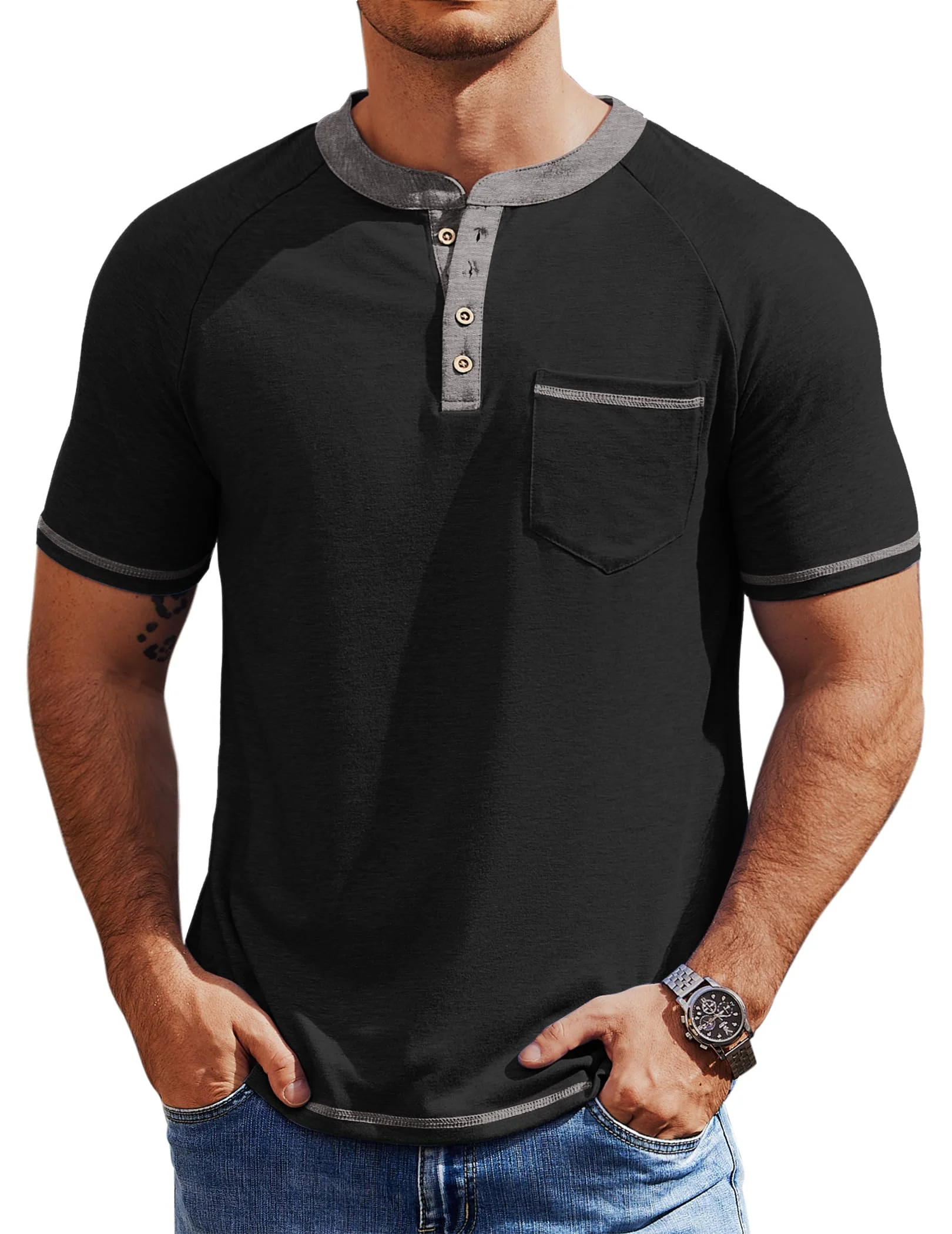 Men's Colorblock Short Sleeve Henley with Chest Pocket