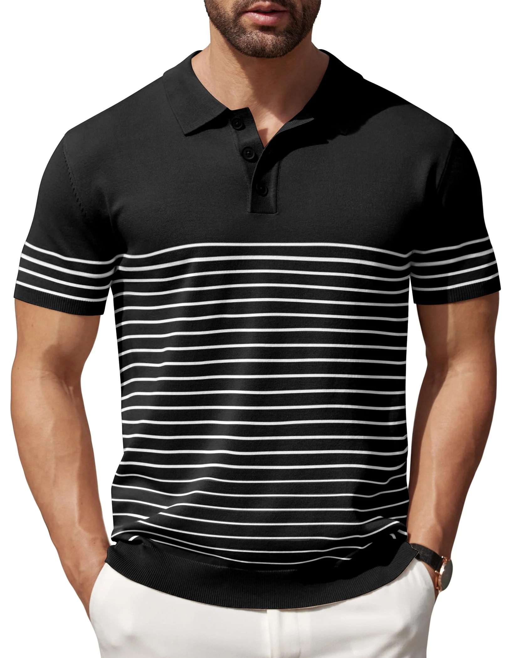 Men's Short Sleeve Collared Knit Polo Shirt with Three-Button Placket and Horizontal Stripes