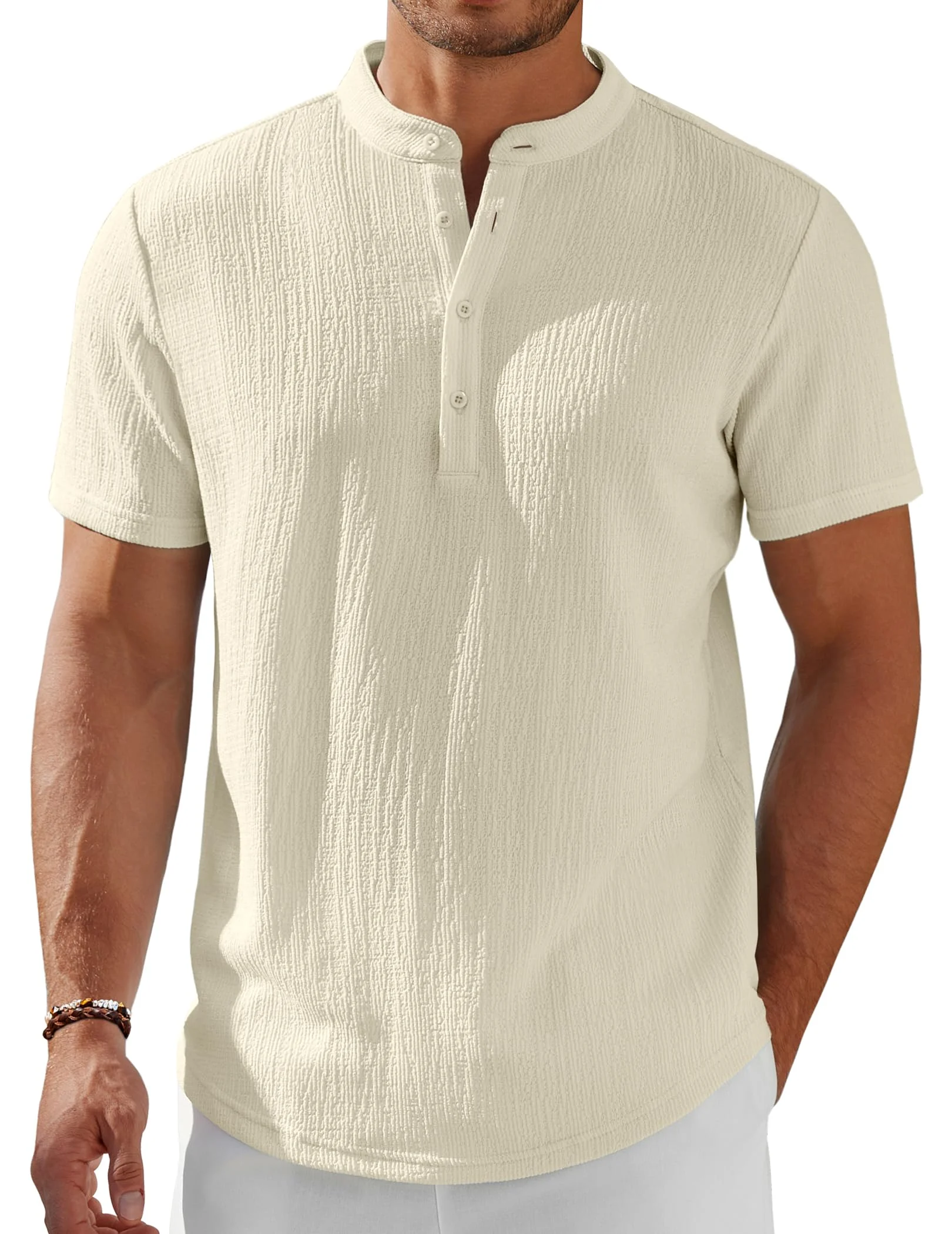 Men's Short Sleeve Crinkle Henley Shirt with Stand Collar