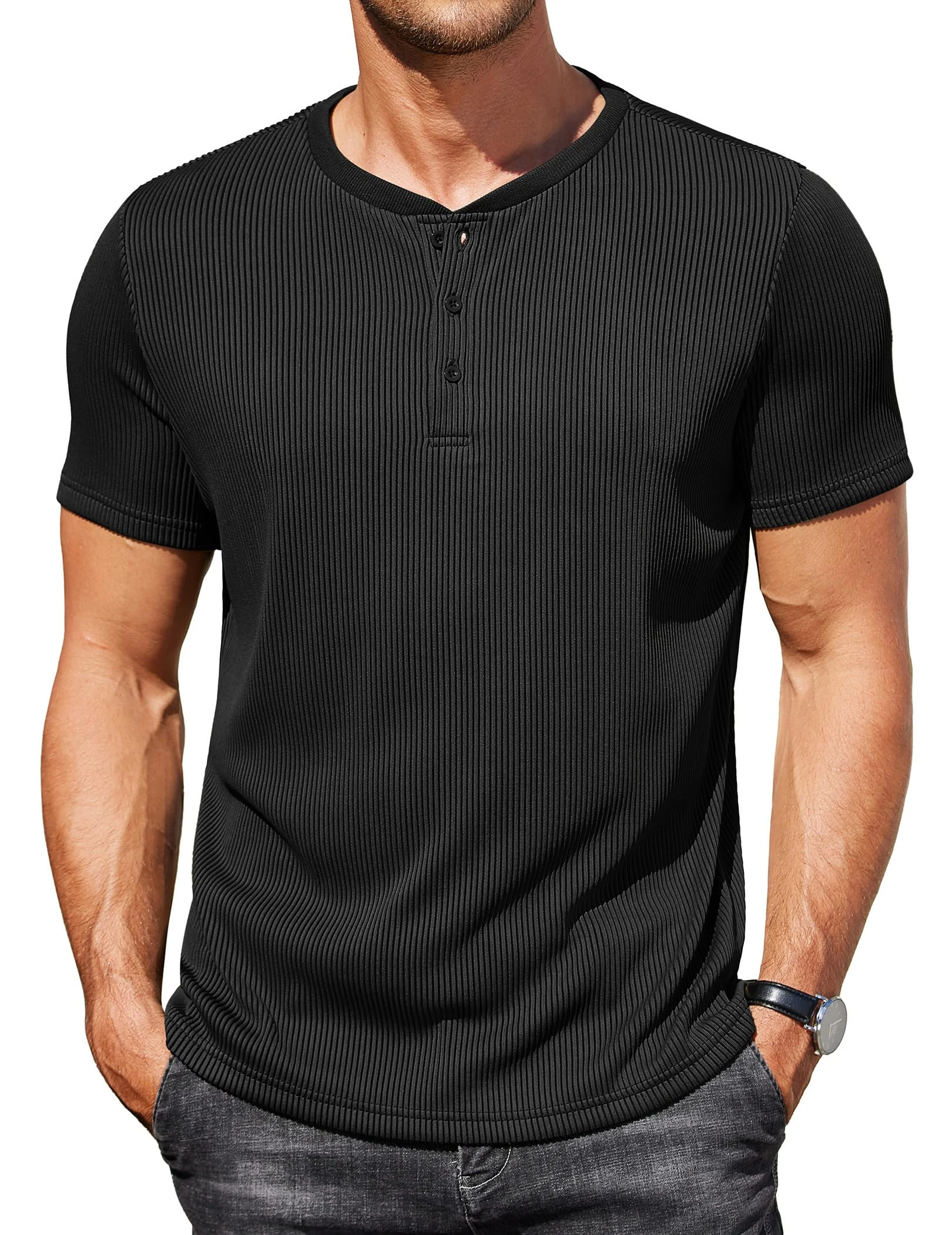 Men's Short-Sleeve Henley T-shirt with Ribbed Texture