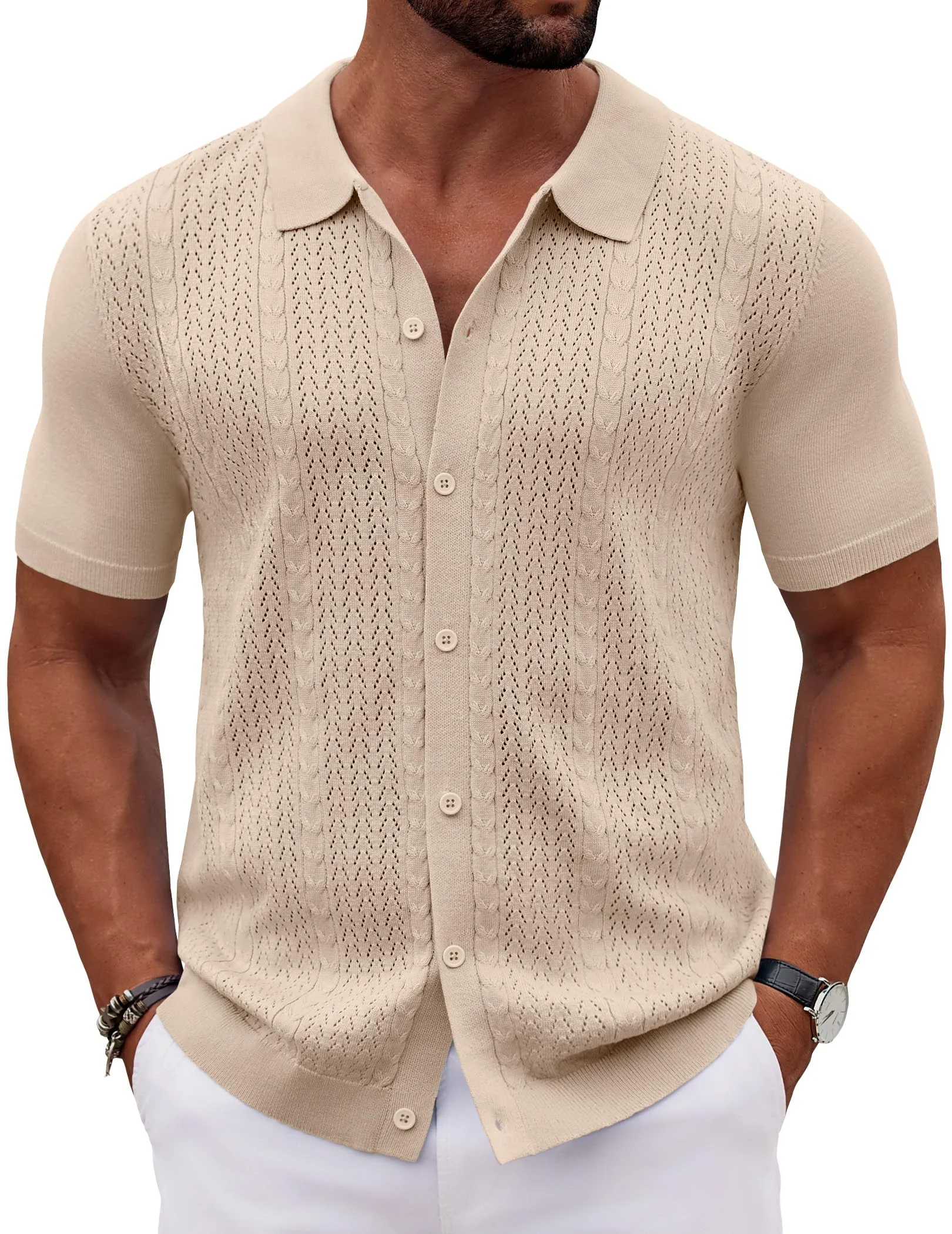 Men's Short Sleeve Knit Polo Shirt Button Down Vintage Casual Top