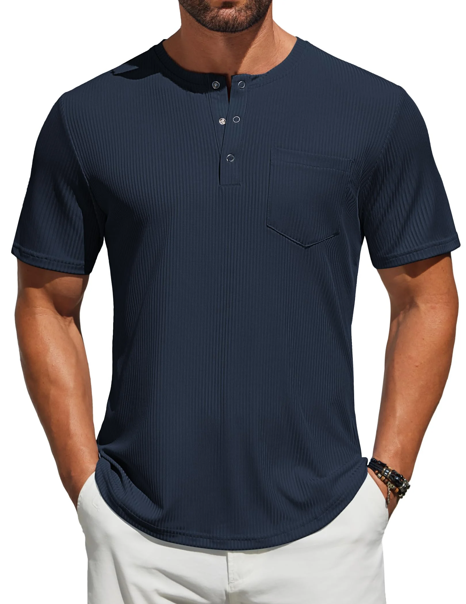 Men's Short Sleeve Ribbed Henley With Snap Buttons Chest Pocket