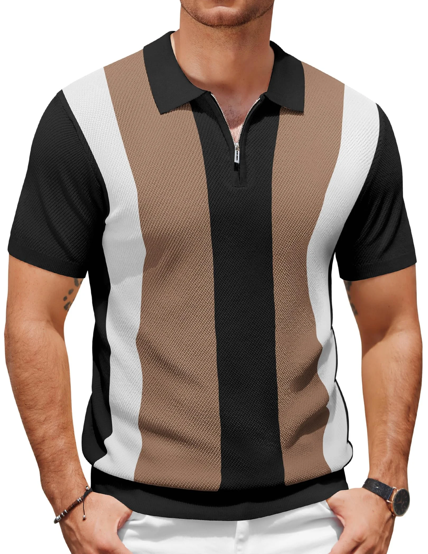 Men's Short Sleeve Striped Knit Polo Shirt with Zipper