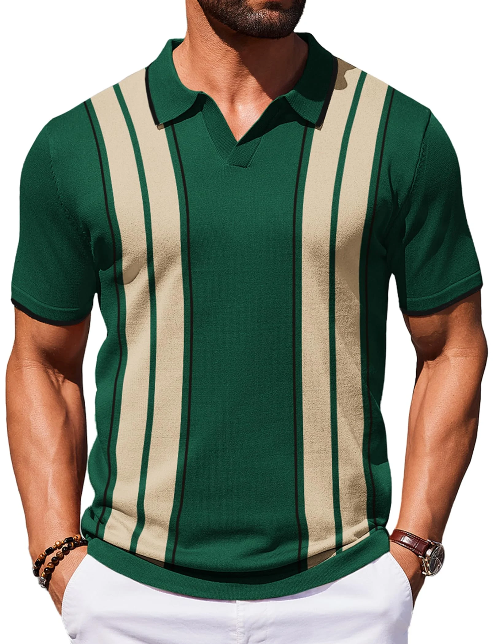 Men's Short Sleeve V-Neck Knit Polo Shirt with Vertical Stripes on Front