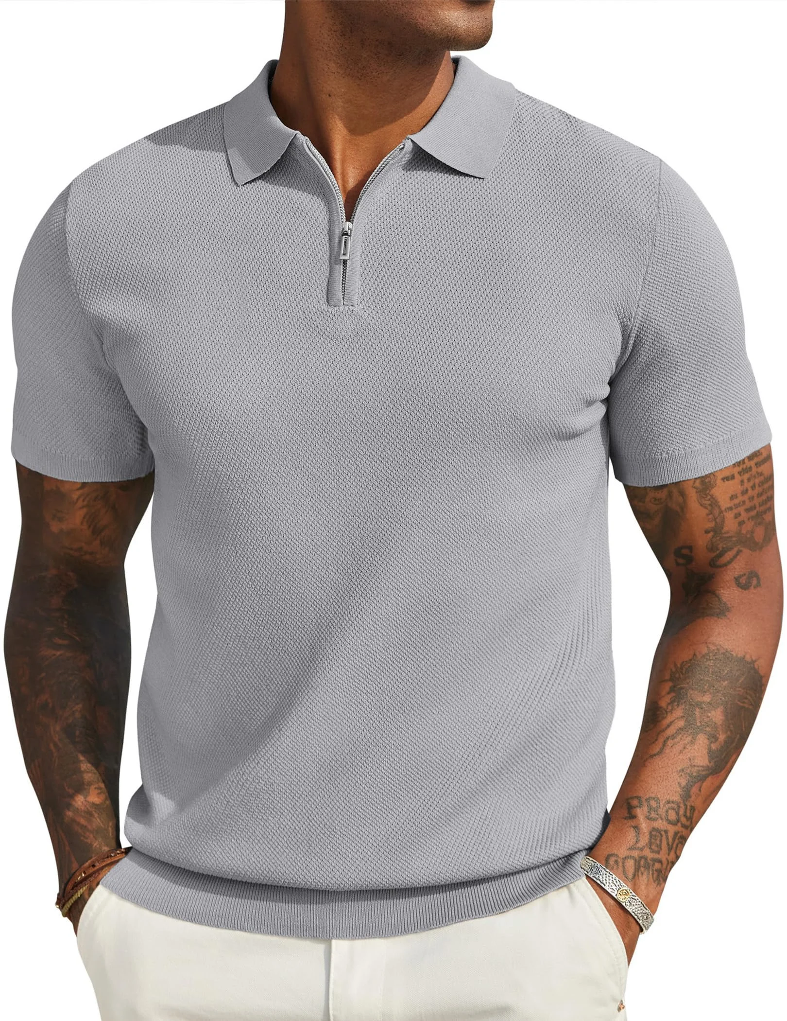 Men's Short Sleeve Zipper Knit Polo Shirt