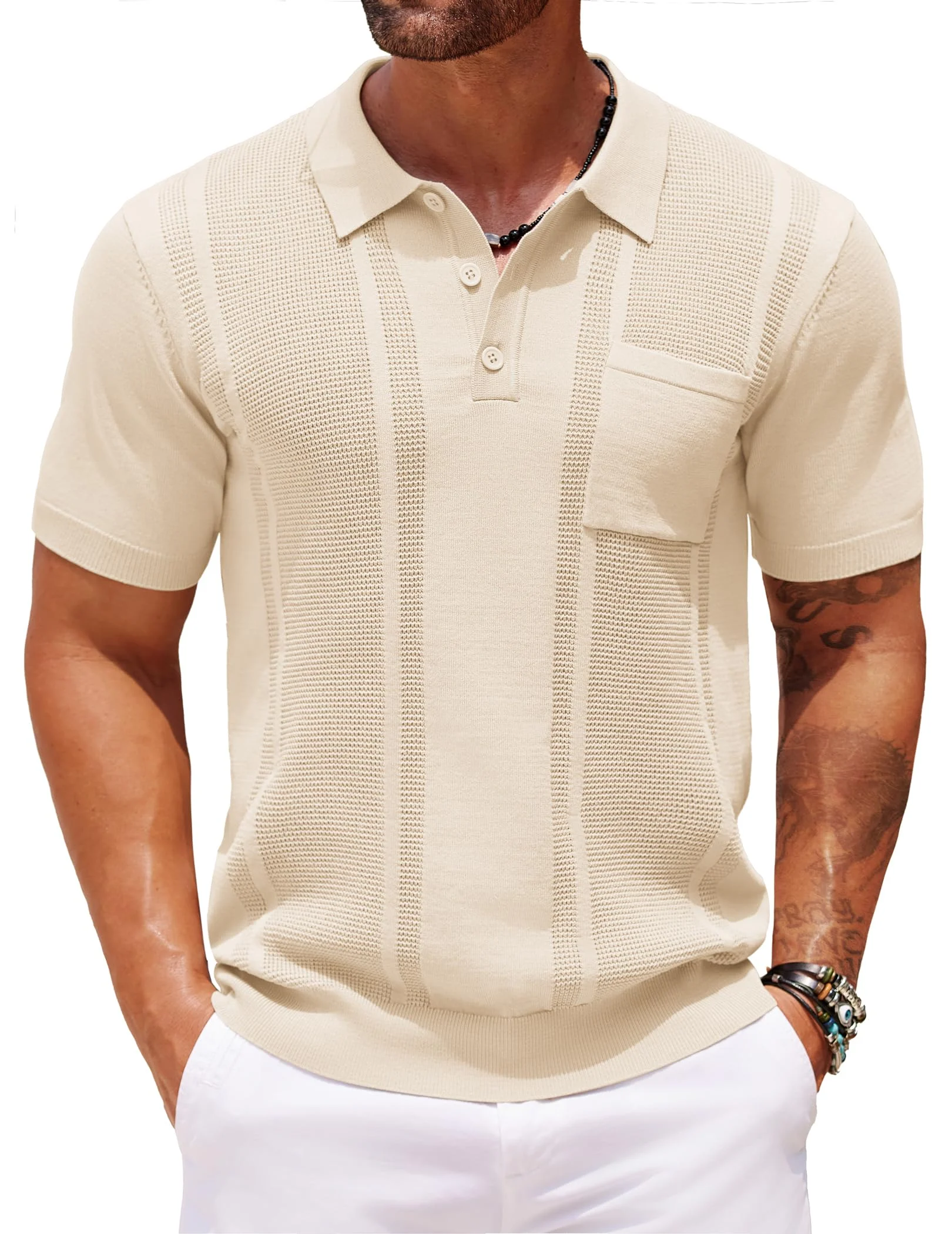 Men's Slim Fit Short Sleeve Knit Polo Shirt with Pocket and Button Placket