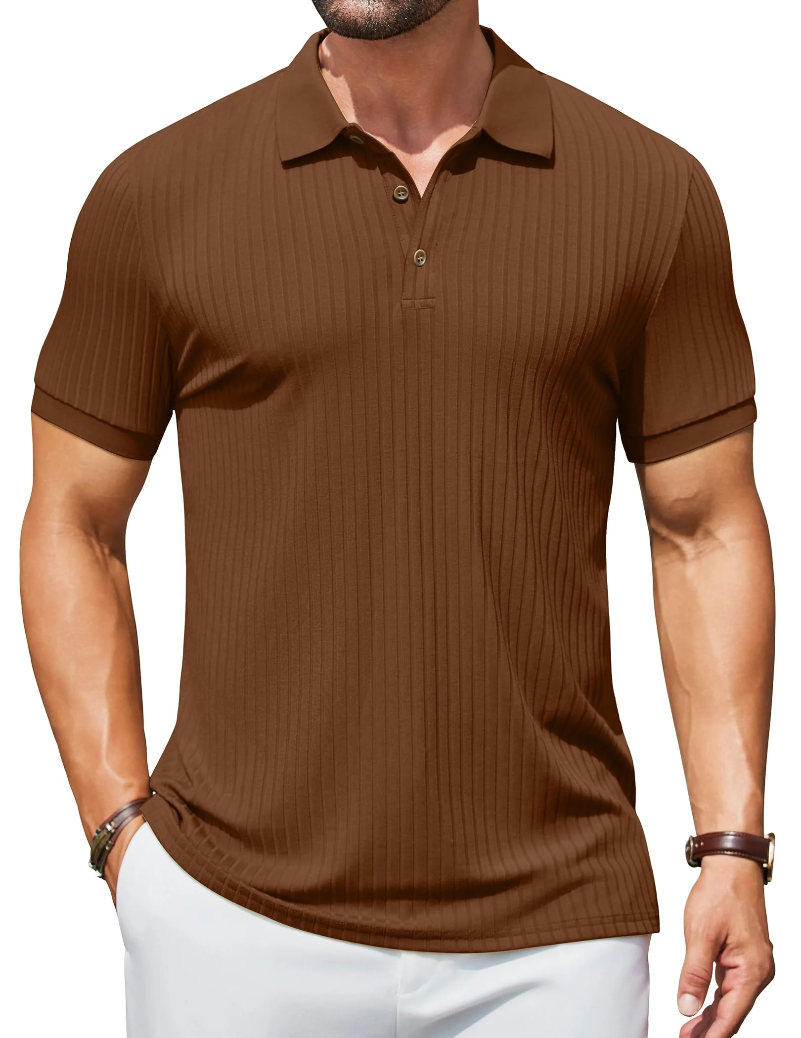 Men's Slim Fit Short Sleeve Ribbed Knit Polo Shirt