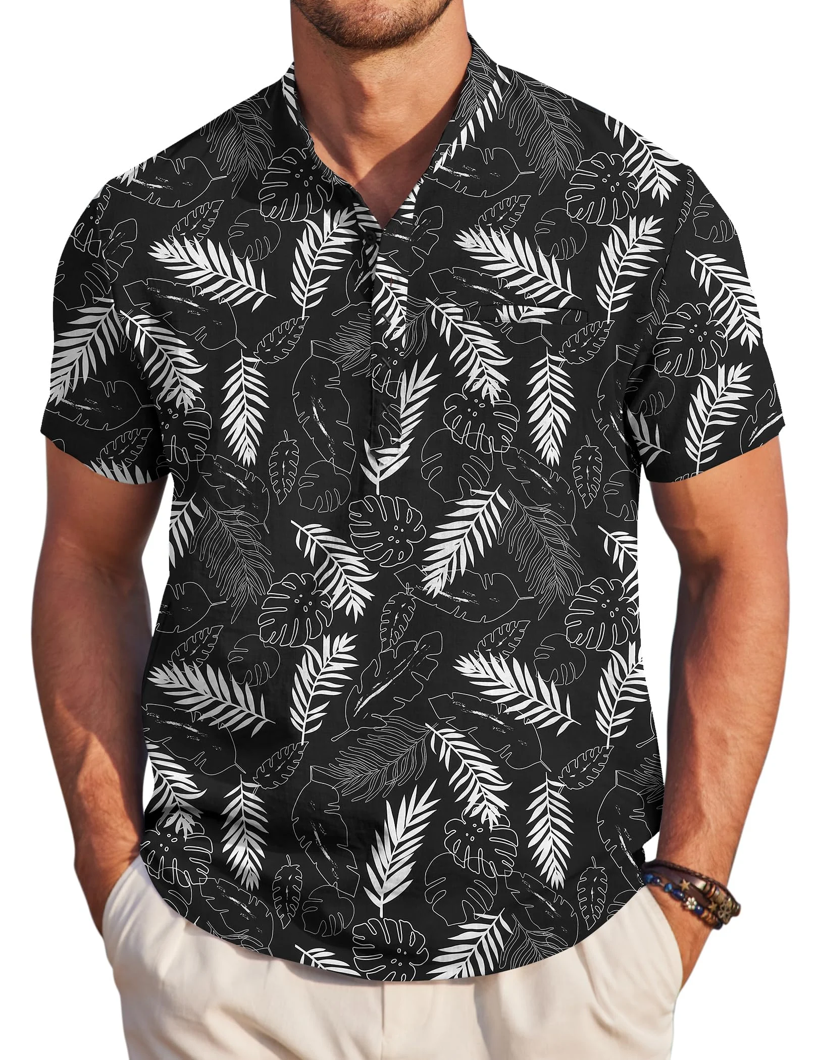 Men's Tropical Print Short Sleeve Henley Beach Shirt