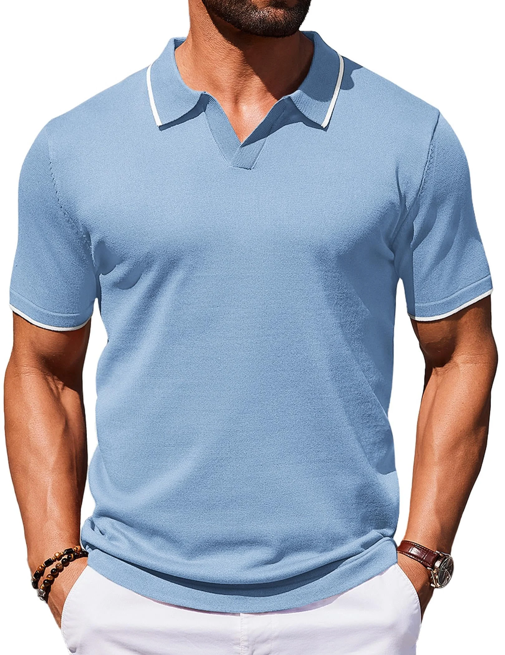 Men's Vintage Style Knitted Polo Shirt with Contrast Tipped Collar and Cuffs