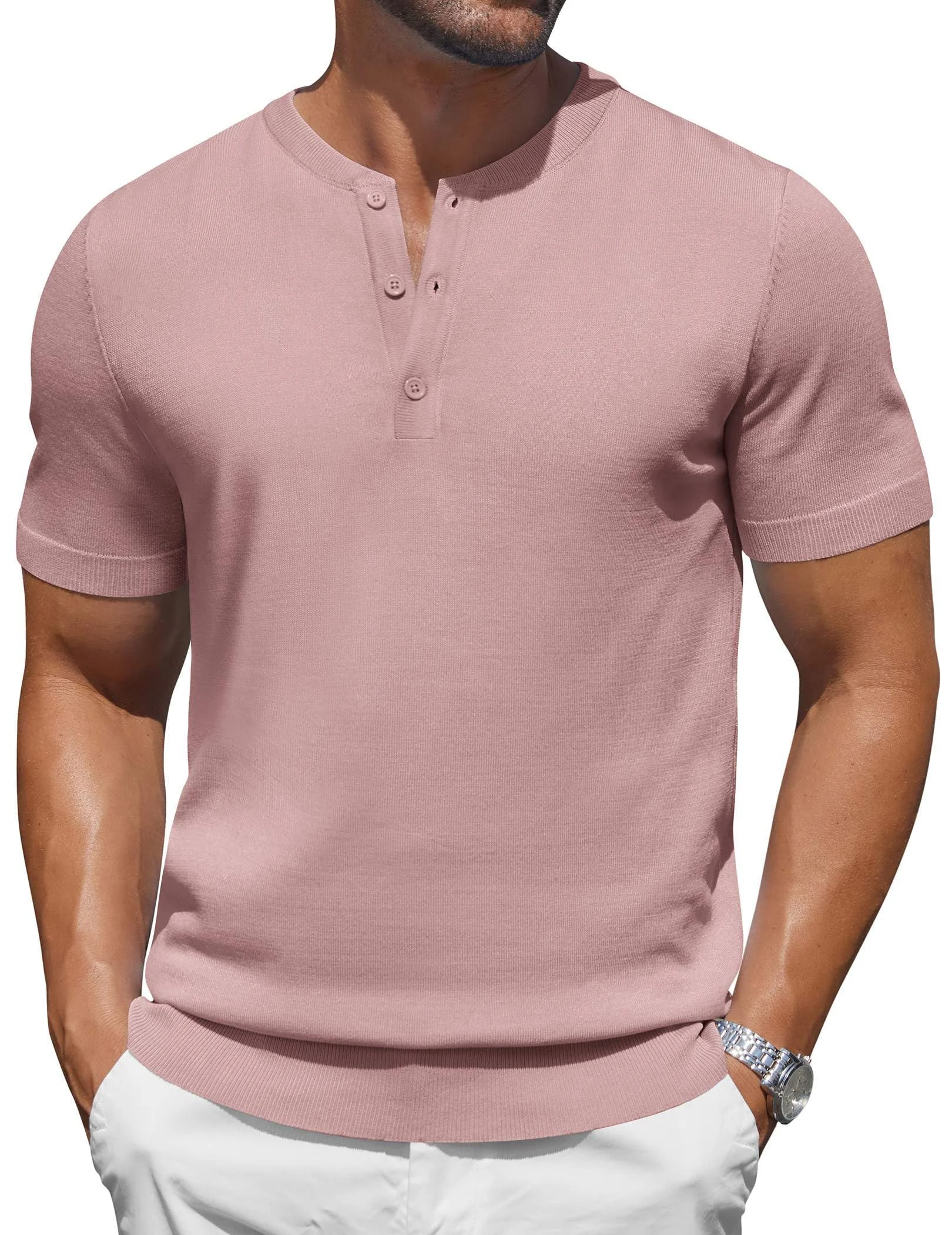 Men's Knit Henley T-shirt Short Sleeve Button Neck